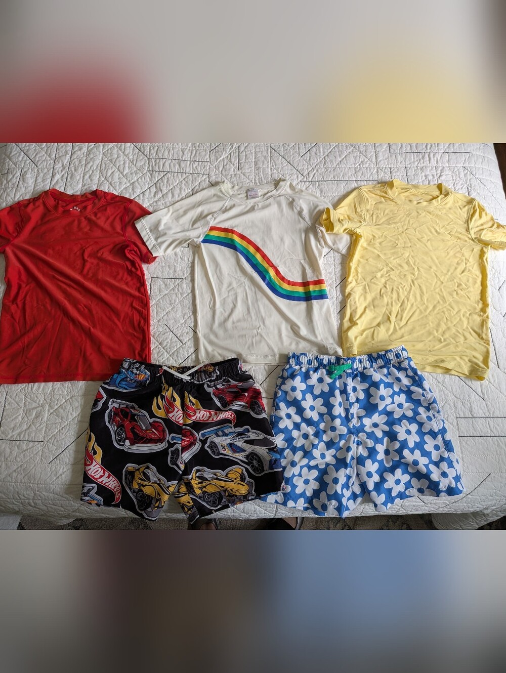 Size 10/12 lot of kids swim trunks + rash guards